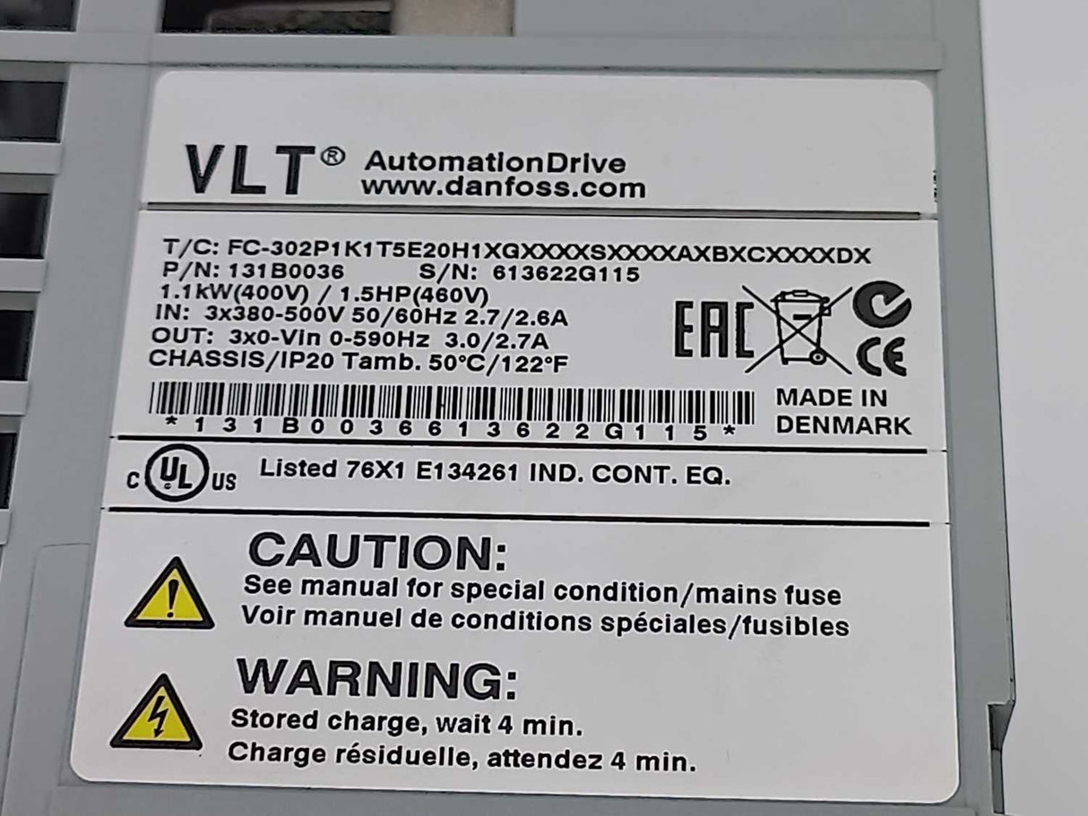 Danfoss FC-302P1K1T5E20H1XG VLT 131B0036 1,1 kW