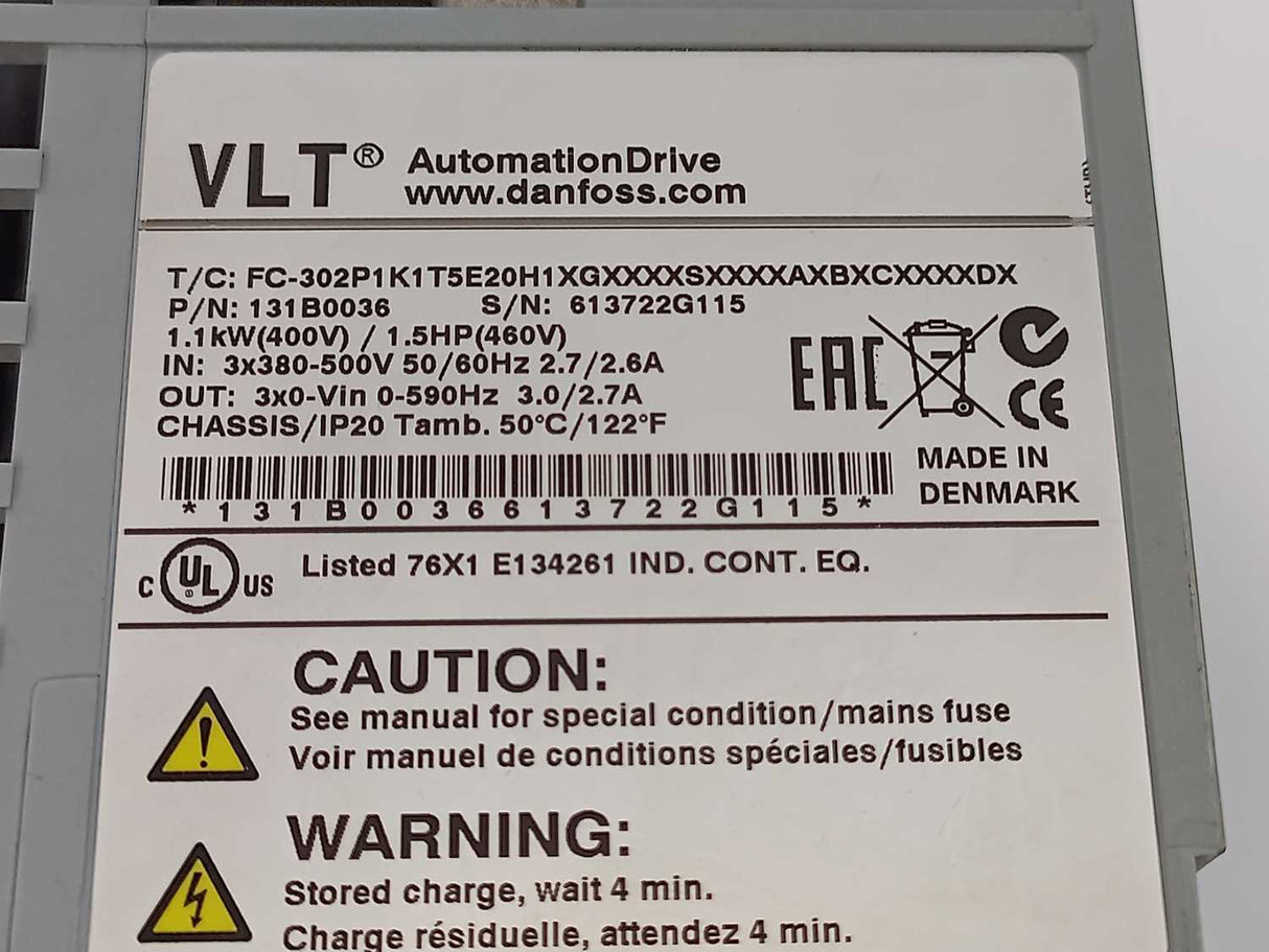 Danfoss FC-302P1K1T5E20H1 VLT 131B0036 1,1 kW
