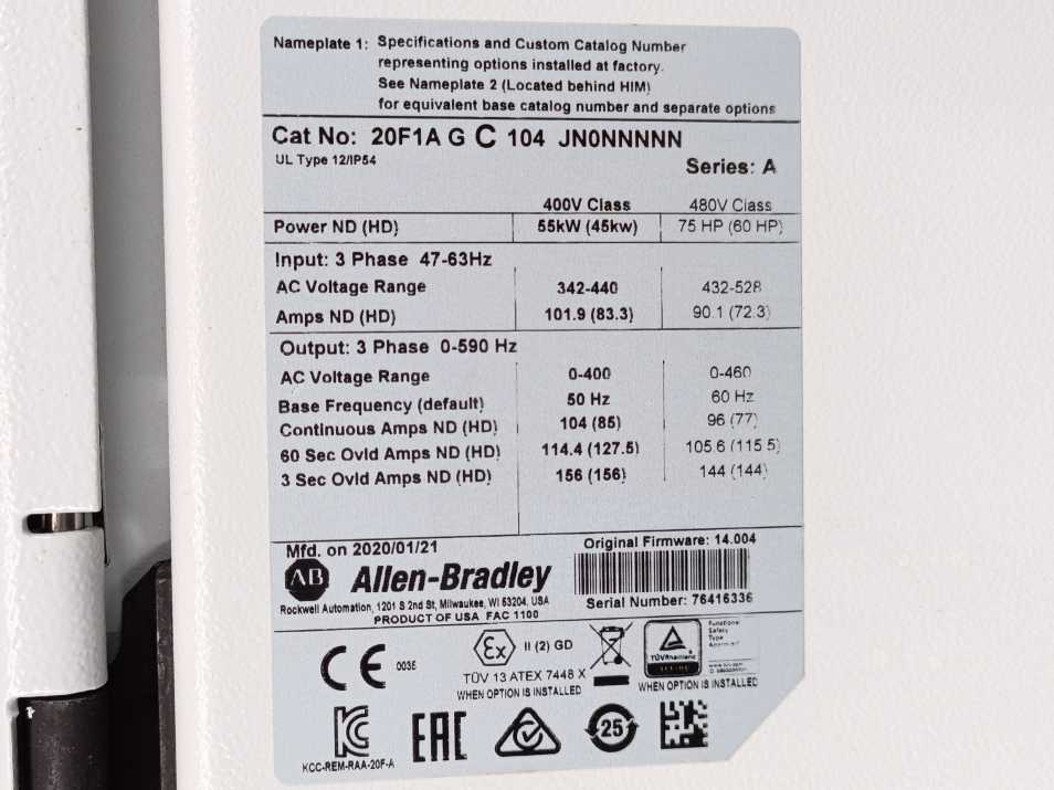 AB 20F1AGC104JN0NNNNN Ser. A. AC Drive 400VAC, 3Phase, 104A, 55kW