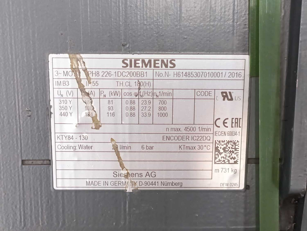Siemens 1PH8226-1DC20-0BB1 SIMOTICS M Compact motor, water cooled