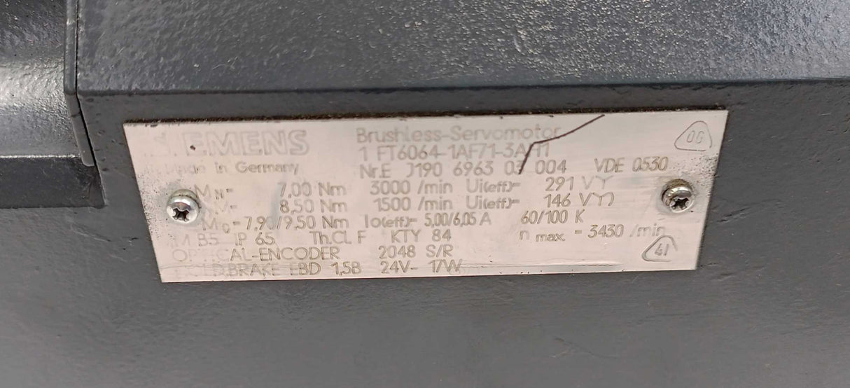Siemens 1FT6064-1AF71-3AH1 SIMOTICS S synchronous servo motor