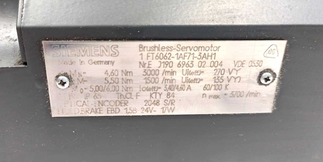 Siemens 1FT6062-1AF71-3AH1 SIMOTICS S synchronous servo motor 1FT6
