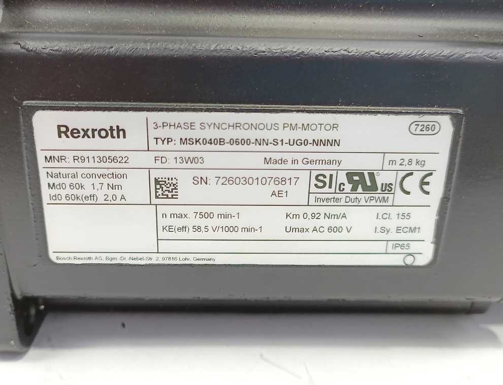 Rexroth R911305622 MSK040B-0600-NN-S1-UG0-NNNN, Servo Moto