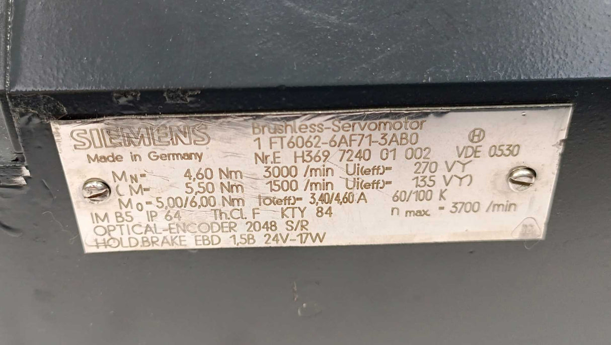 Siemens 1FT6062-6AF71-3AB0 SIMOTICS S synchronous servo motor 1FT6