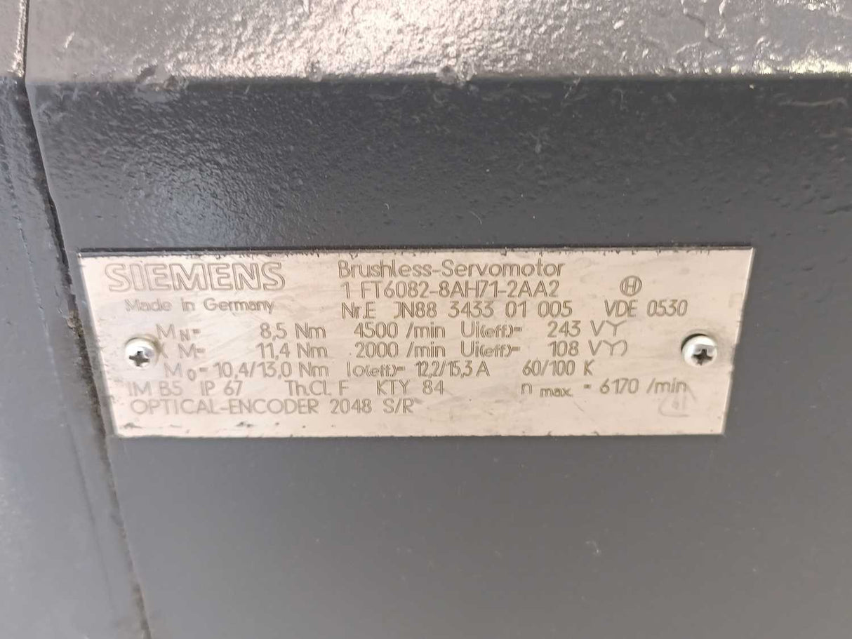 Siemens 1FT6082-8AH71-2AA2 SIMOTICS S synchronous servo motor 1FT6