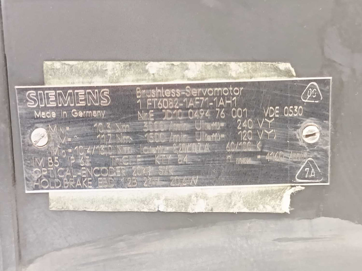 Siemens 1FT6082-1AF71-1AH1 SIMOTICS S synchronous servo motor 1FT6