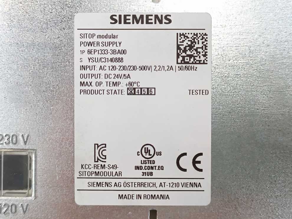 Siemens 6EP1333-3BA00 SITOP PSU200M Power Supply 24V/5A