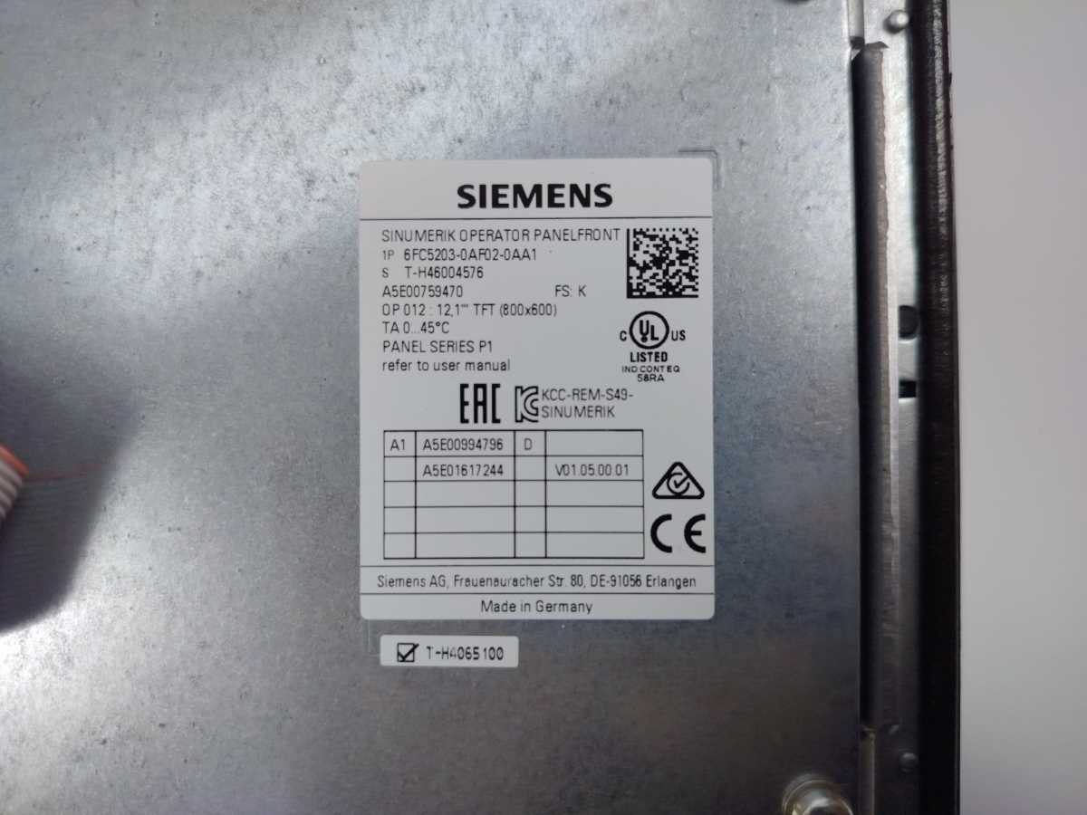 Siemens 6FC5203-0AF02-0AA1 w/ 6FC5312-0DA00-0AA2 SINUMERIK 12.1" Operator Panel