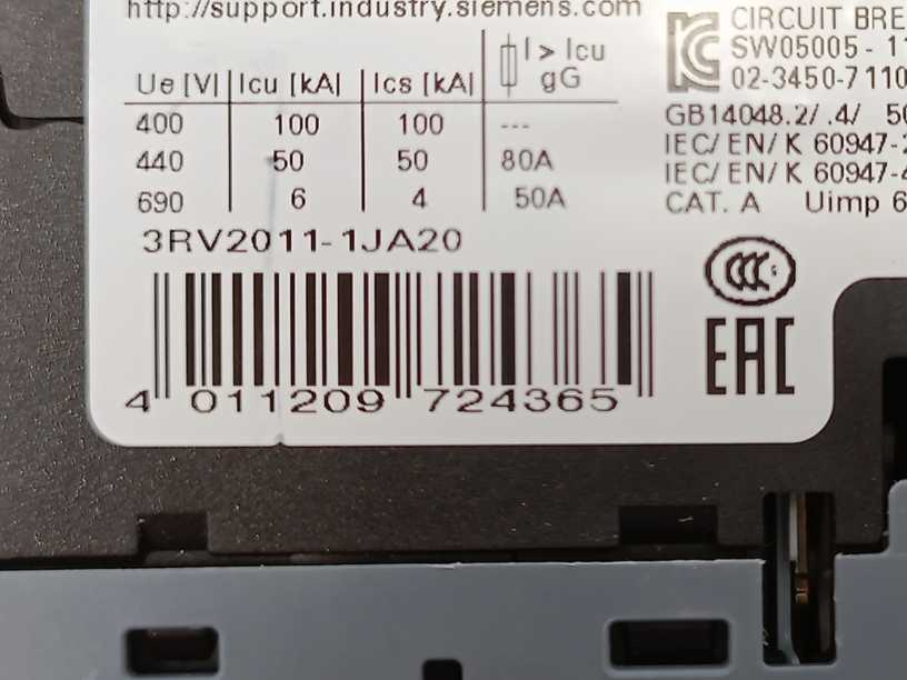 Siemens 3RV2011-1JA20 Circuit breaker size S00