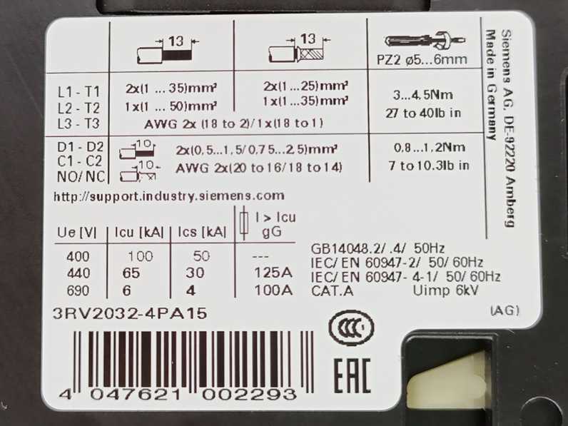 Siemens 3RV2032-4PA15 Circuit breaker size S2