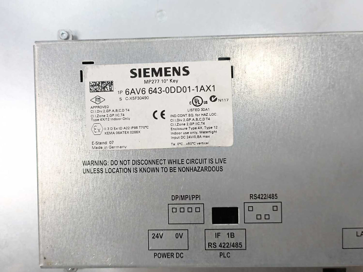 Siemens 6AV6643-0DD01-1AX1 SIMATIC MP 277 10" Key Multi Panel