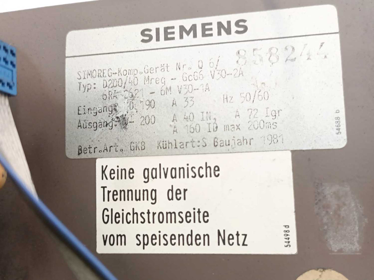 Siemens 6RA2621-6MV30-1A D200/40 Mreq-GcG6V30-2A SIMOREG Drive
