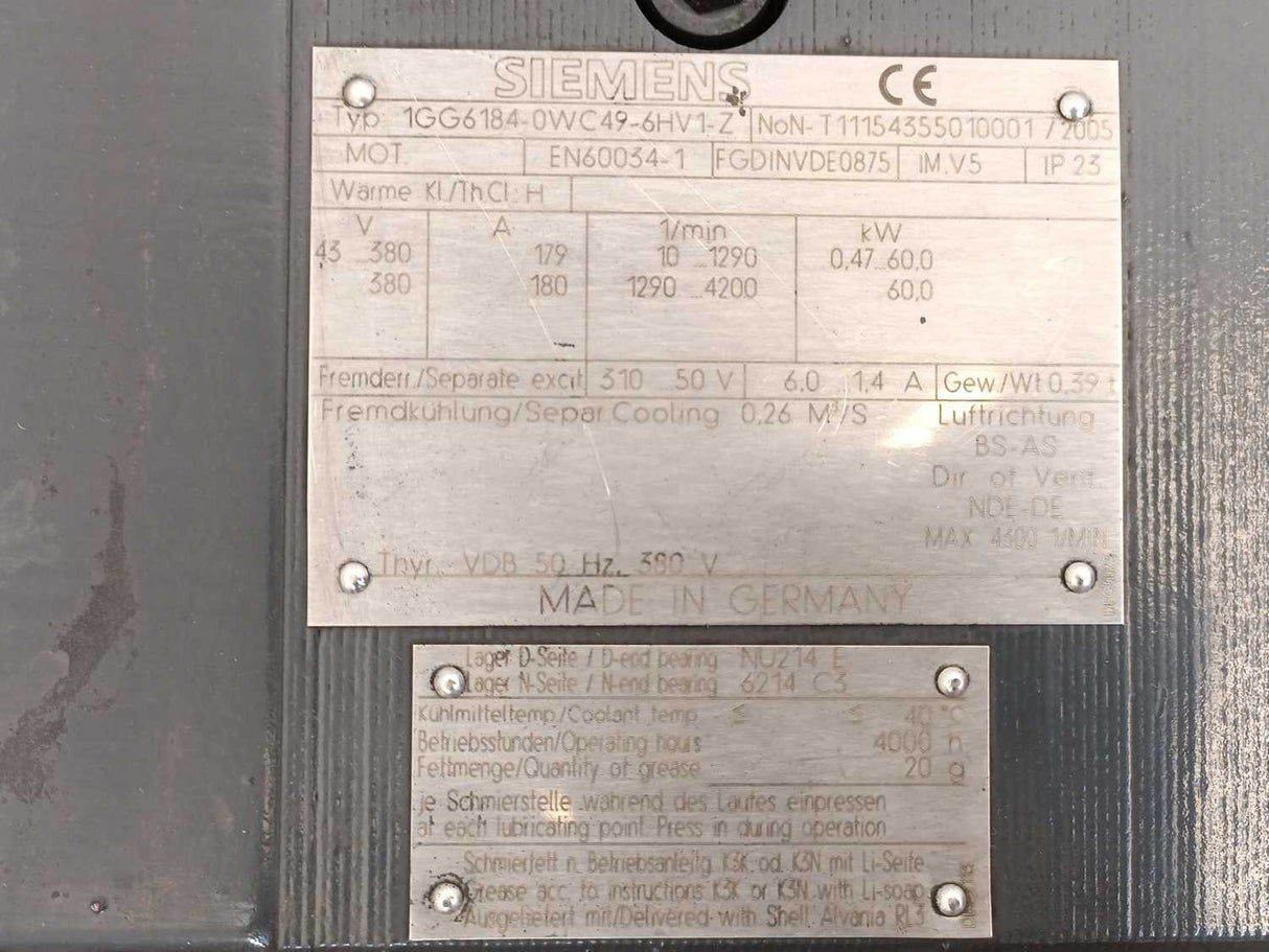 Siemens 1GG6184-0WC49-6HV1-Z Separately Excited DC Motor 60kW 380V 180A