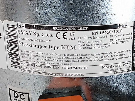 SMAY KTM-E-200N L307-H-BFL24-T-UP Round Fire Damper