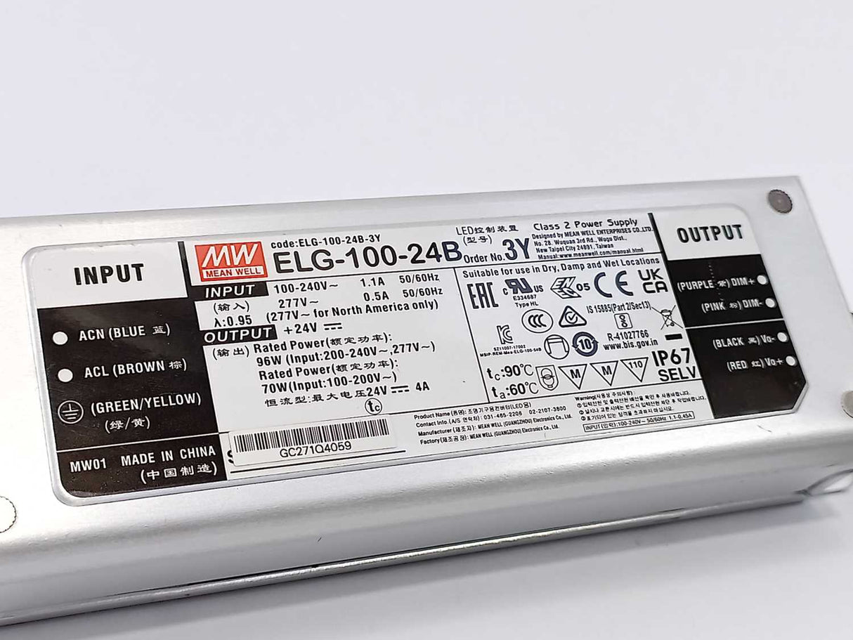 Mean Well ELG-100-24B-3Y AC-DC Single output LED Driver. 96W 24V 4A