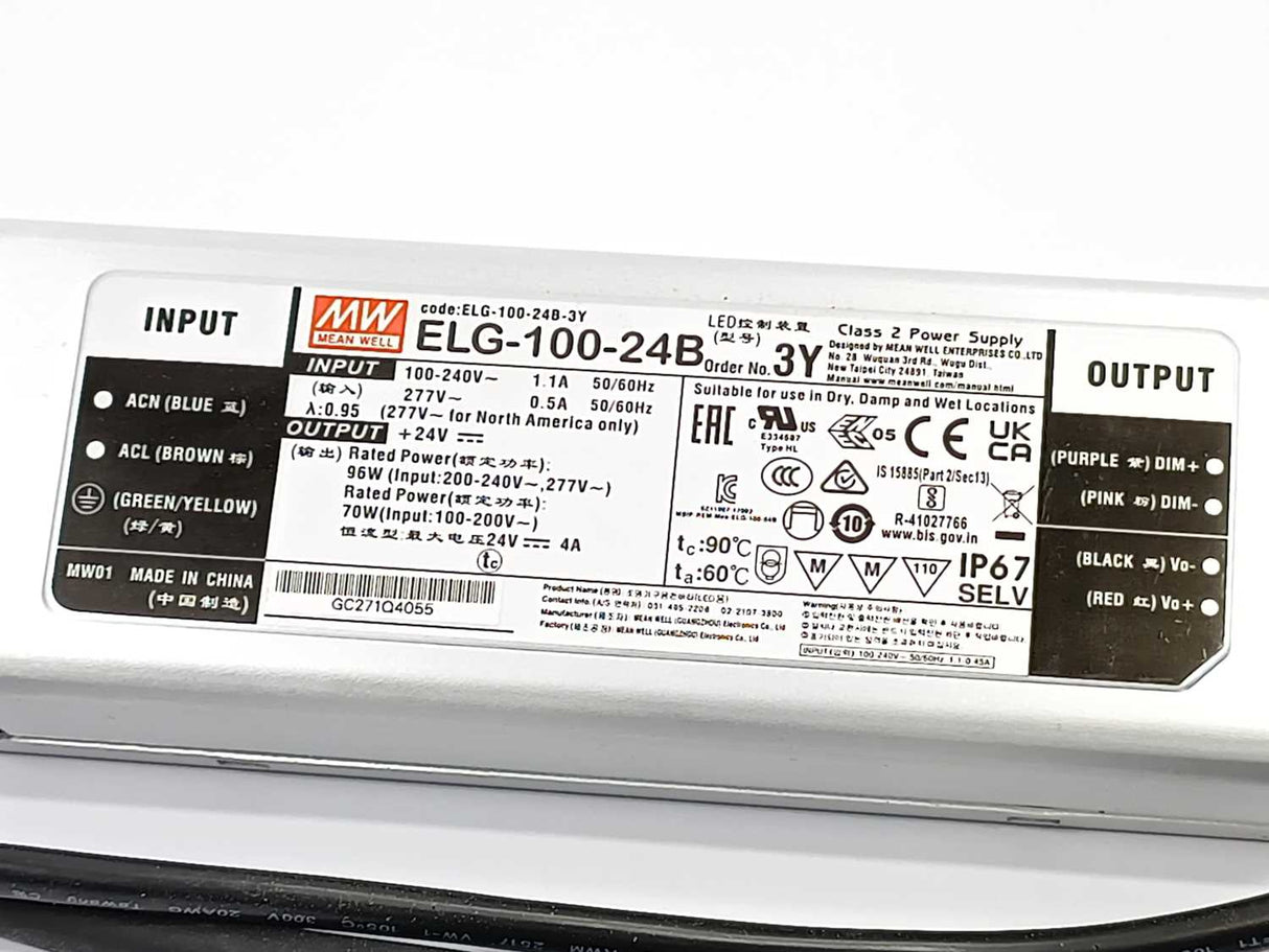 Mean Well ELG-100-24B-3Y AC-DC Single output LED Driver. 96W 24V 4A