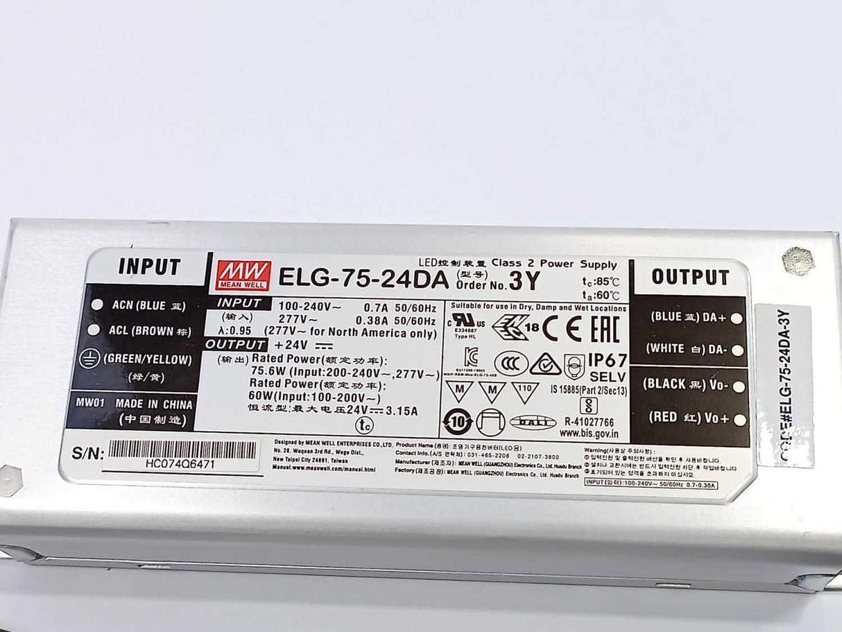 Mean Well ELG-75-24DA-3Y AC-DC Single output LED Driver. 75.6W 24V 3.15A