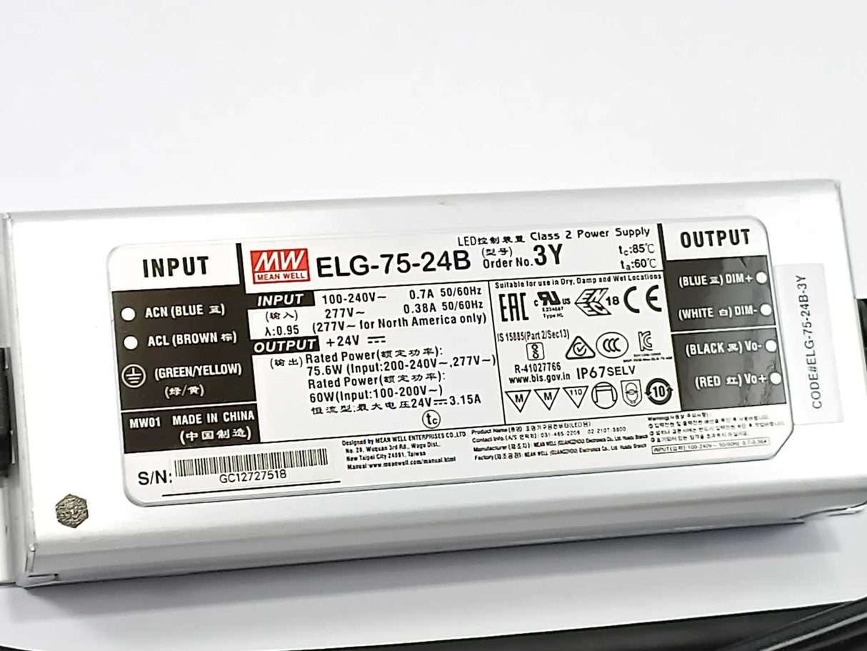 Mean Well ELG-75-24B-3Y AC-DC Single output LED Driver. 75.6W 24V 3.15A