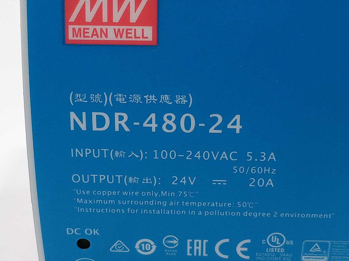 Mean Well NDR-480-24 AC-DC DIN rail power supply 24V 20A