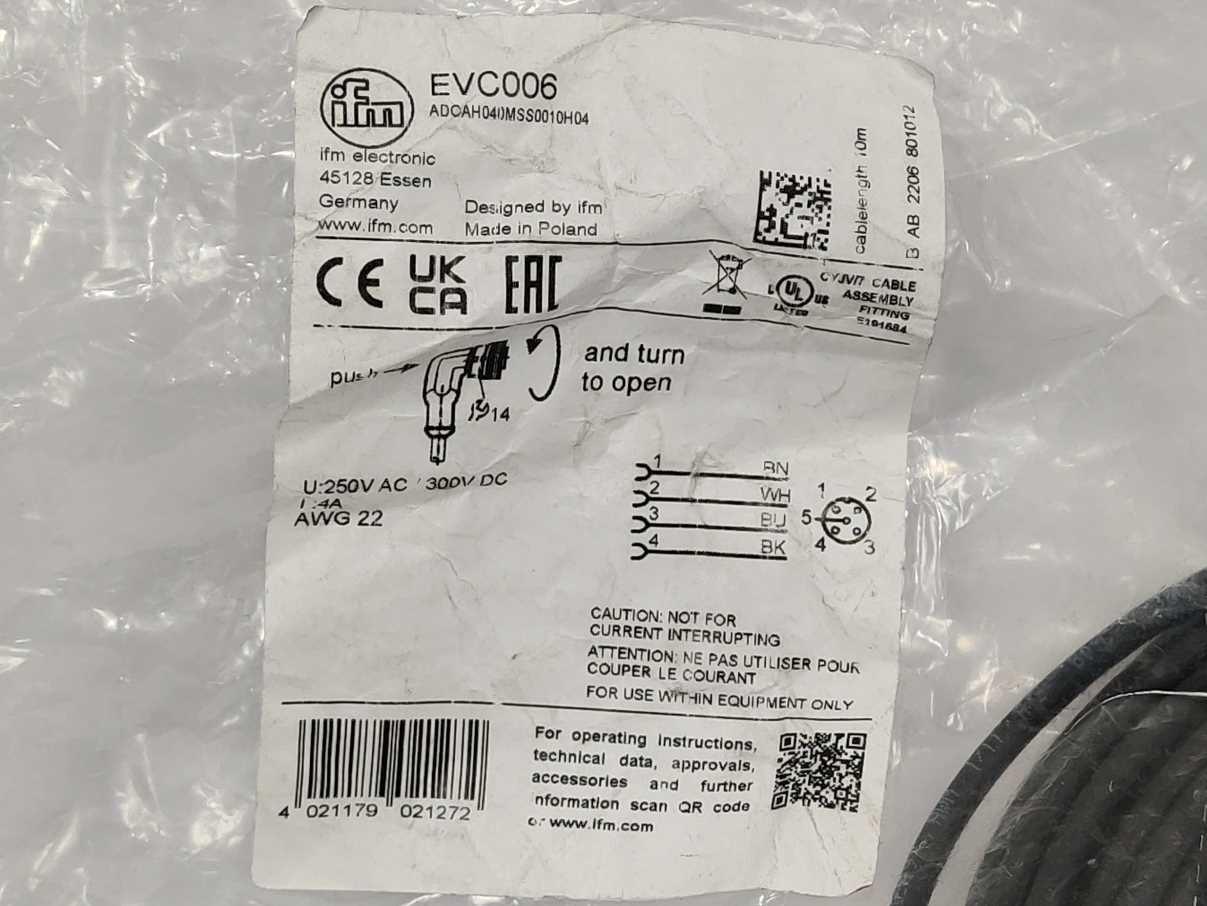 Ifm Electronic EVC006 Connecting cable with socket 10m M12 Socket