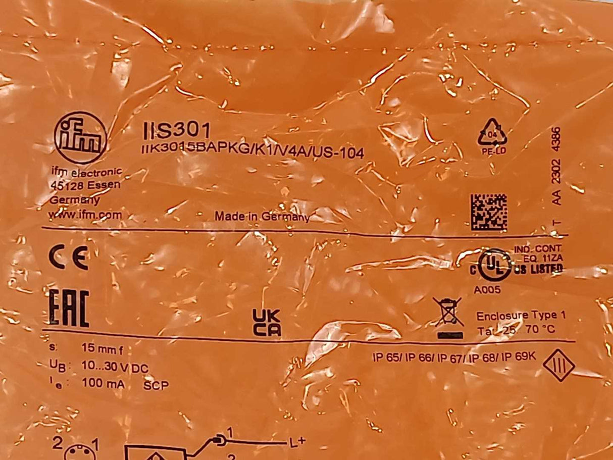 Ifm Electronic IIS301 Inductive Sensor IIK3015BAPKG/K1/V4A/US-104