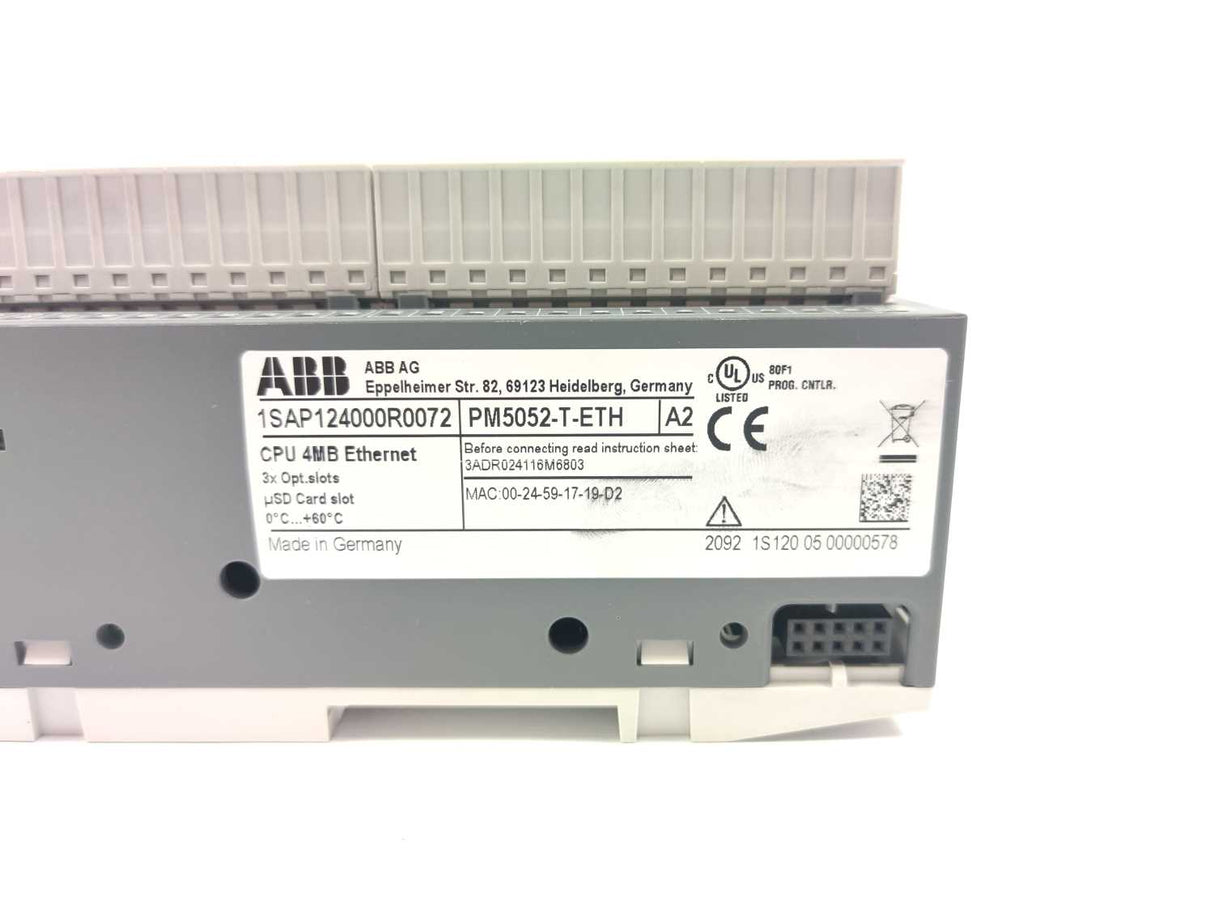 ABB 1SAP124000R0072 PM5052-T-ETH Processor module. Memory 4MB.