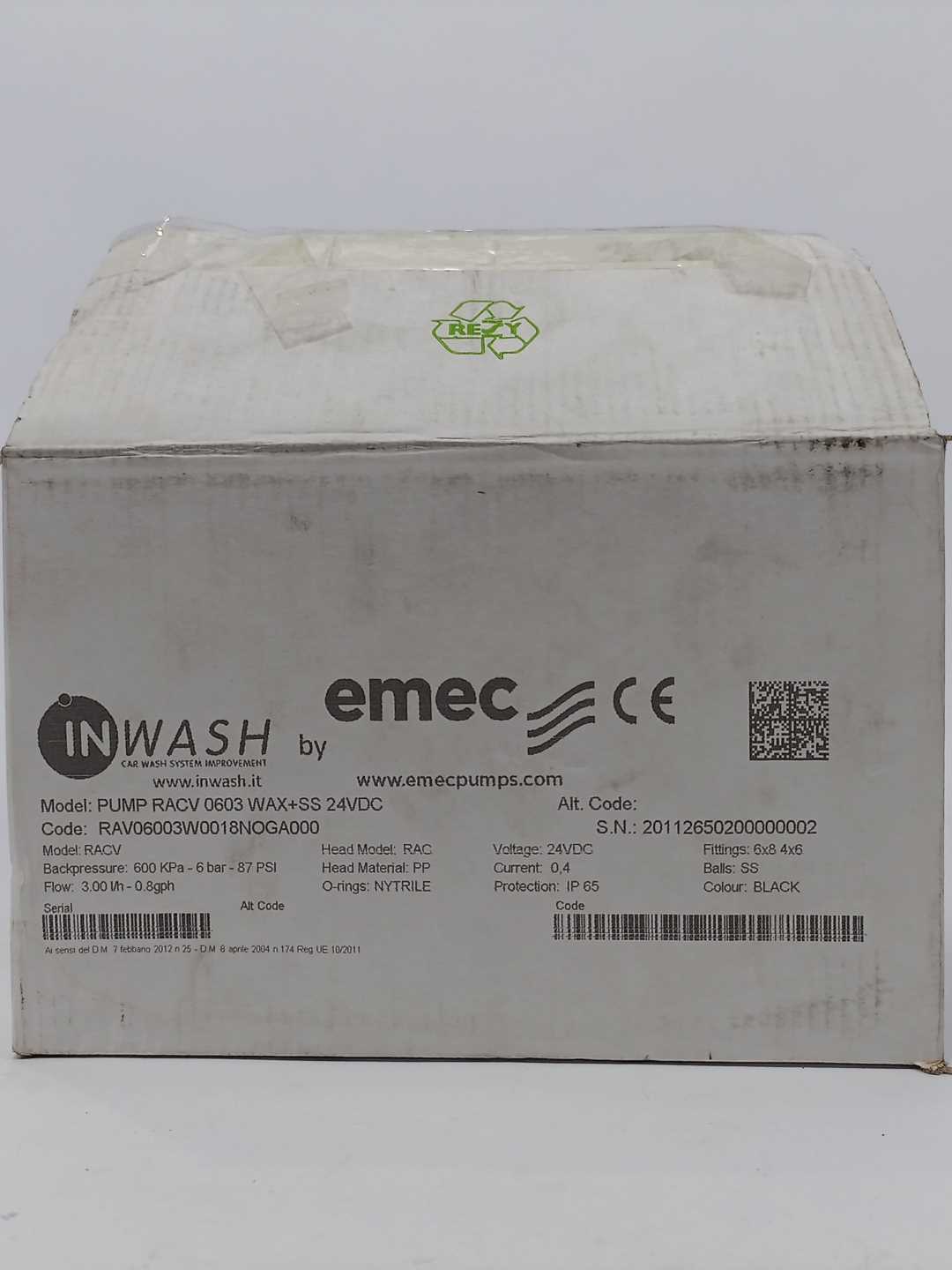 emec RAV06003W0018NOGA000 PUMP RACV0603 WAX+SS 24VDC D.4X6 S.6X8 AIR FITT.4X6