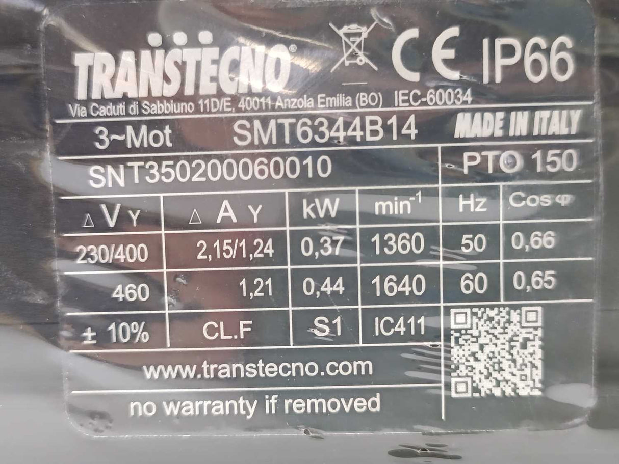 Transtecno SMT6344B14 3 Phase Motor 0,37kW