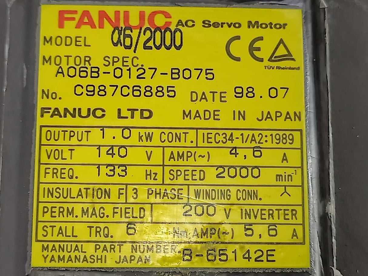 Fanuc A06B-0127-B075 AC Servo Motor a6/2000 1.0kW