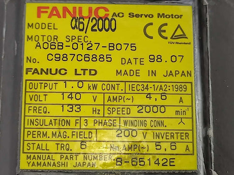 Fanuc A06B-0127-B075 AC Servo Motor a6/2000 1.0kW