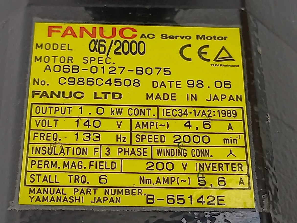 Fanuc A06B-0127-B075 AC Servo Motor a6/2000 1.0kW. Defective