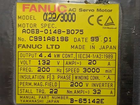 Fanuc A06B-0148-B075 AC Servo Motor a22/3000 4,4kW. missing encoder