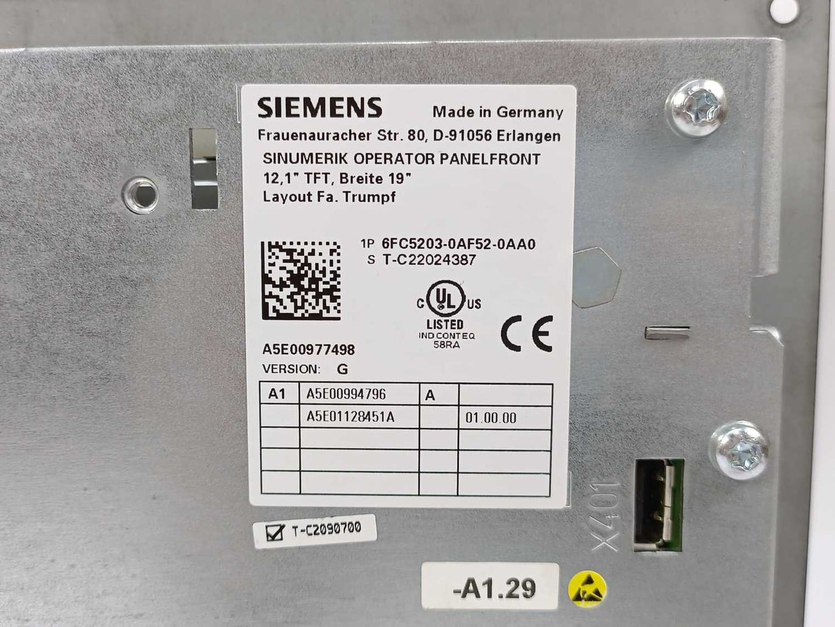 Siemens 6FC5203-0AF52-0AA0 Ver. G SINUMERIK TRUMPF Operator Panel
