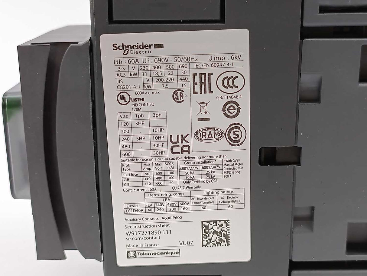 Schneider / Telemecanique LC1D40A3BD 3 Pole Contactor 440V-40A-24VDC coil