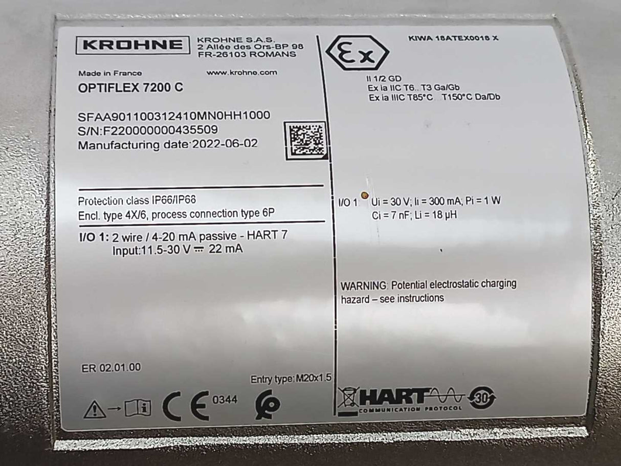 Krohne Optiflex 7200 C 2-wire guided radar level transmitter TDR