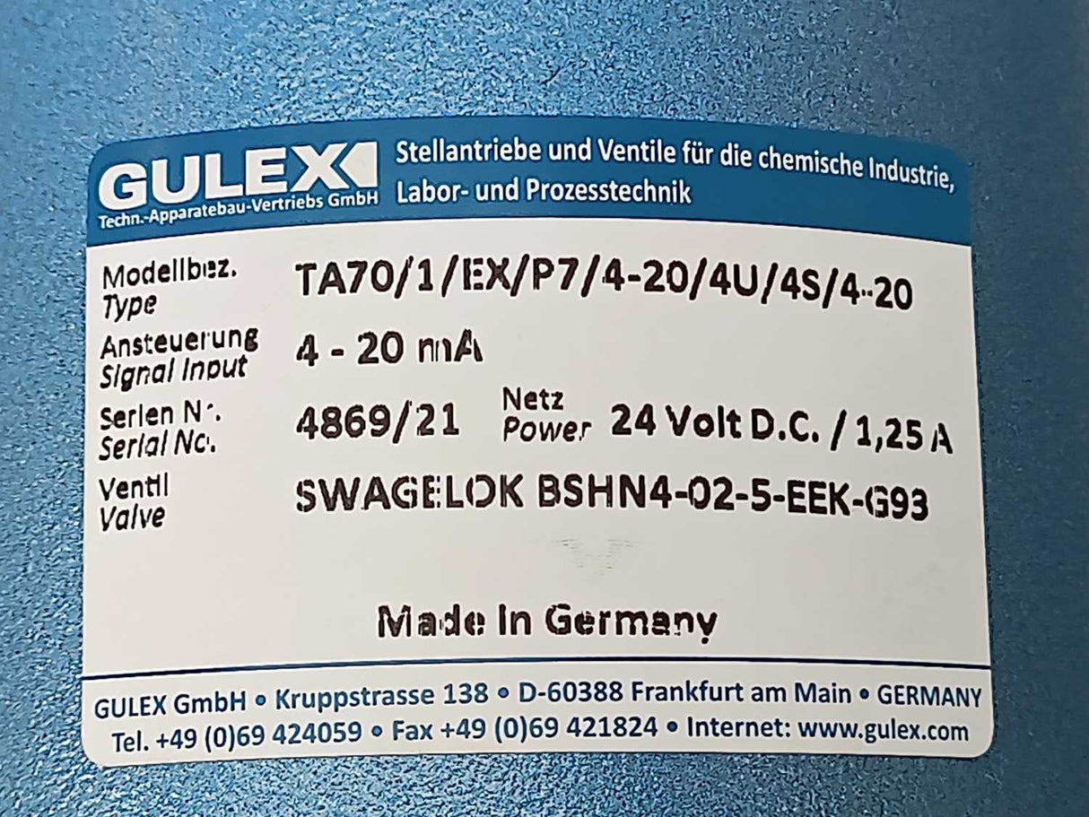 Gulex TA70/1/EX/P7/4-20/4U/4S/4-20 Valve actuator + Swagelok BSHN4-02-5-EEK-G93