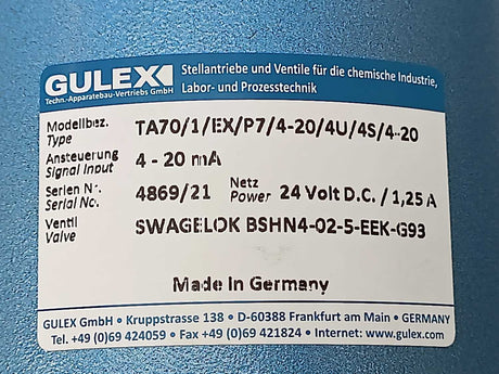 Gulex TA70/1/EX/P7/4-20/4U/4S/4-20 Valve actuator + Swagelok BSHN4-02-5-EEK-G93