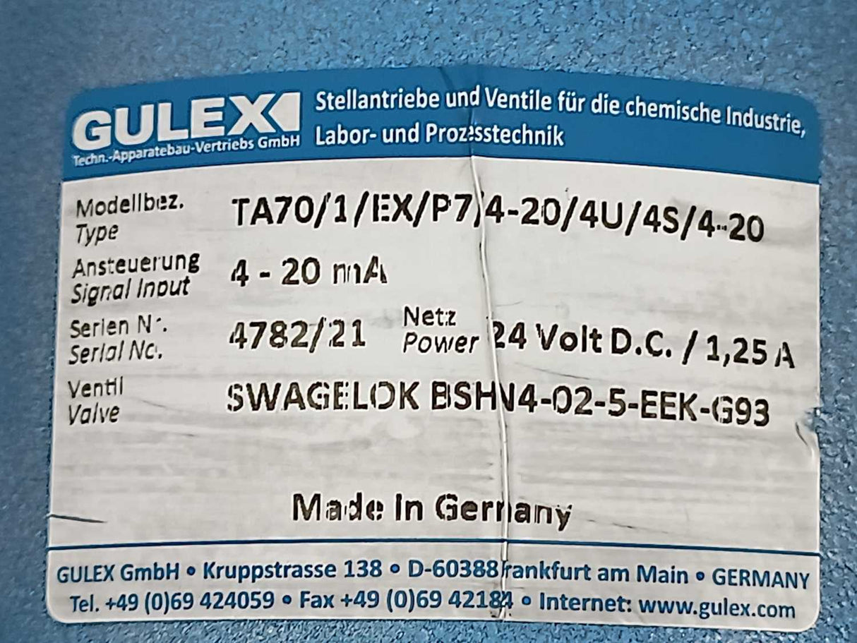 Gulex TA70/1/EX/P7/4-20/4U/4S/4-20 Valve actuator + Swagelok BSHN4-02-5-EEK-G93