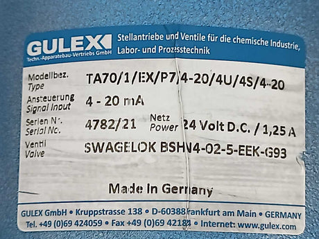 Gulex TA70/1/EX/P7/4-20/4U/4S/4-20 Valve actuator + Swagelok BSHN4-02-5-EEK-G93