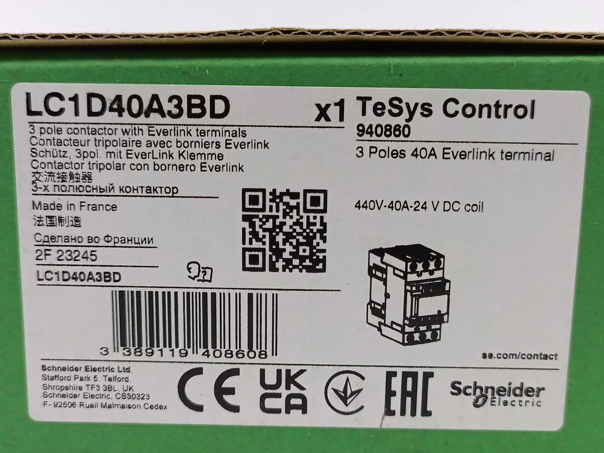 Schneider Electric LC1D40A3BD 3 Pole Contactor 440V-40A-24VDC coil