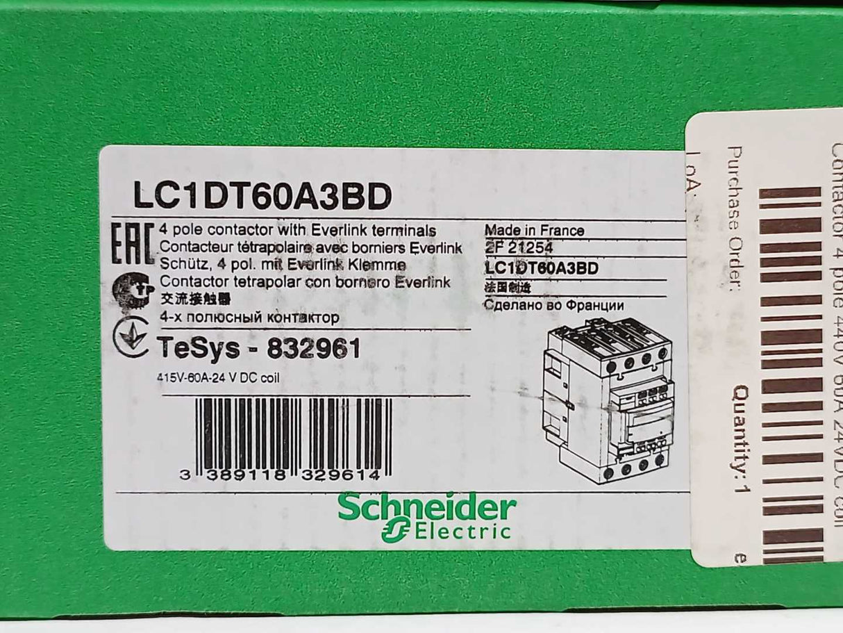 Schneider / Telemecanique LC1DT60A3BD 4 Pole Contactor 440V 60A 24VDC Coil