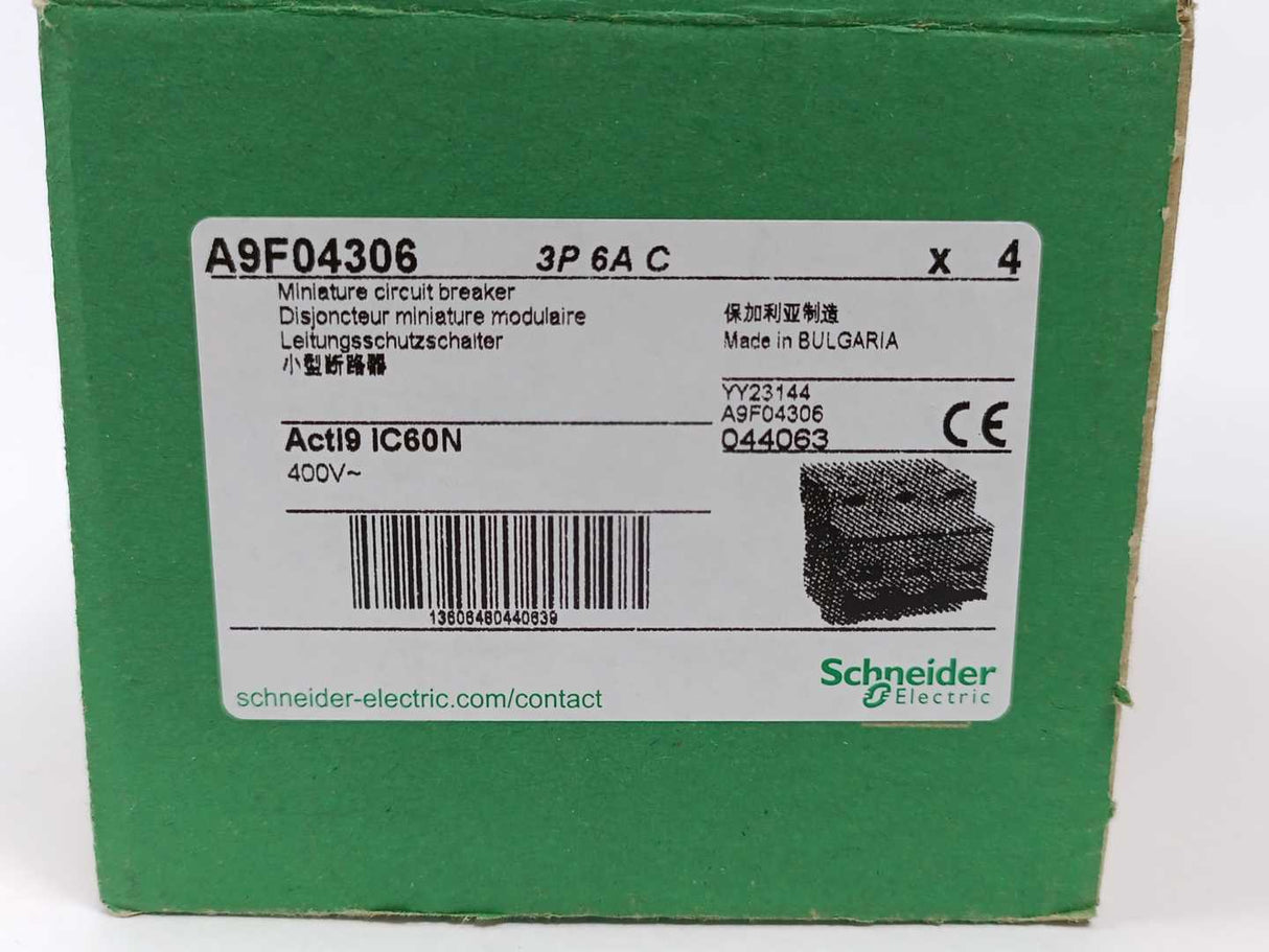Schneider Electric A9F04306 Miniature Circuit Breaker 3P, 6A, C Curve. 4 pcs.