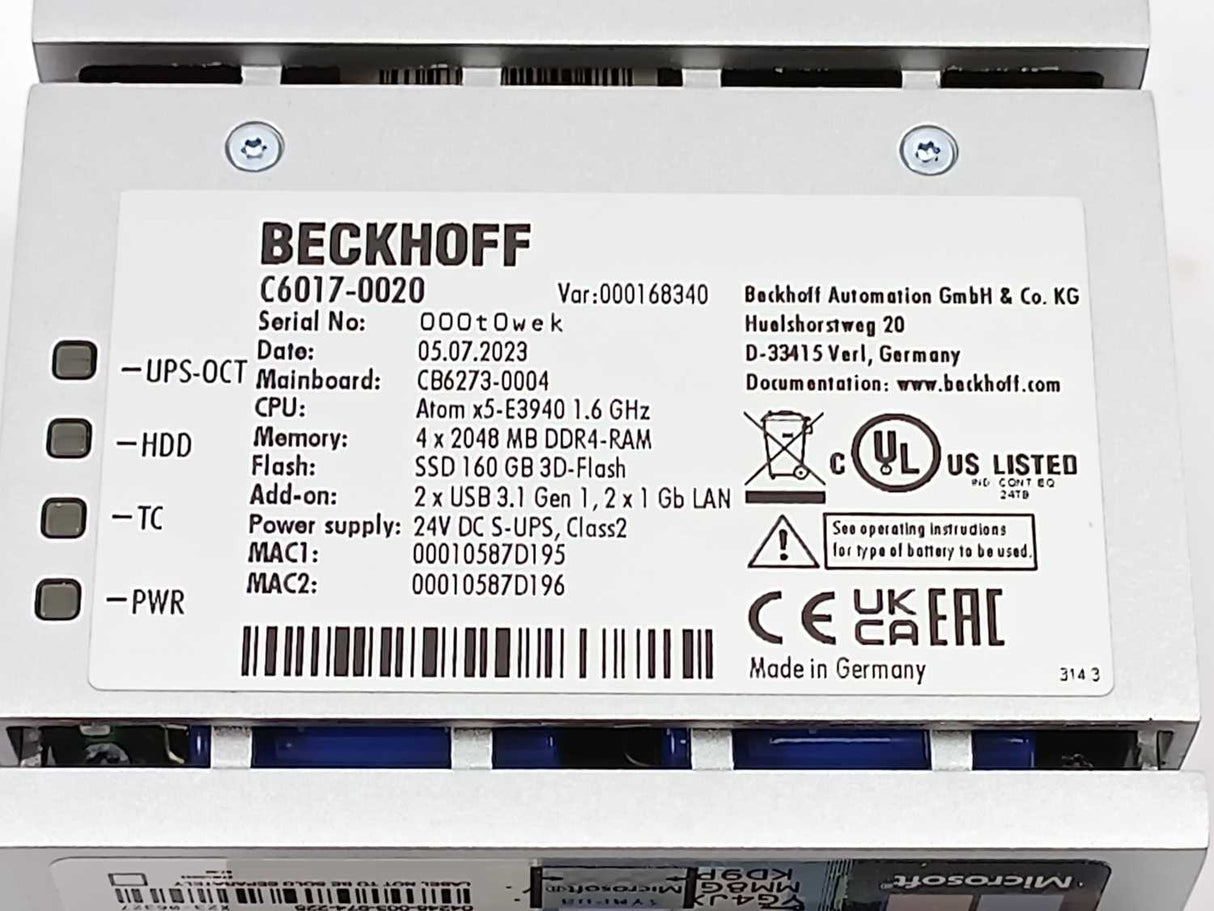 Beckhoff C6017-0020 Ultra-compact Industrial PC serial: 000t0wek