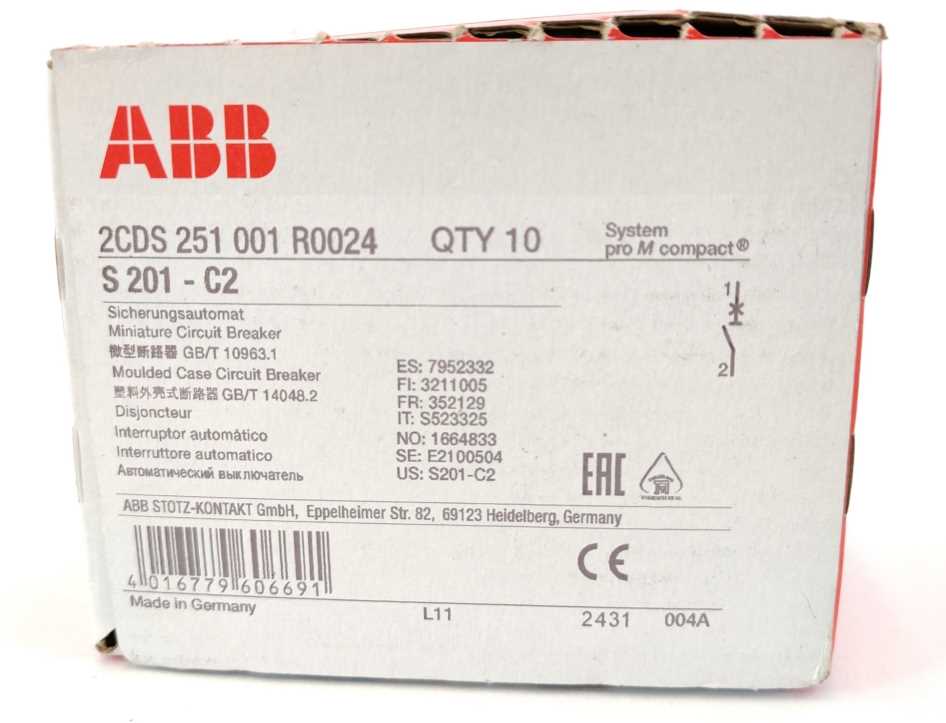 ABB 2CDS251001R0024 S201-C2 Miniature Circuit Breaker 10 Pcs