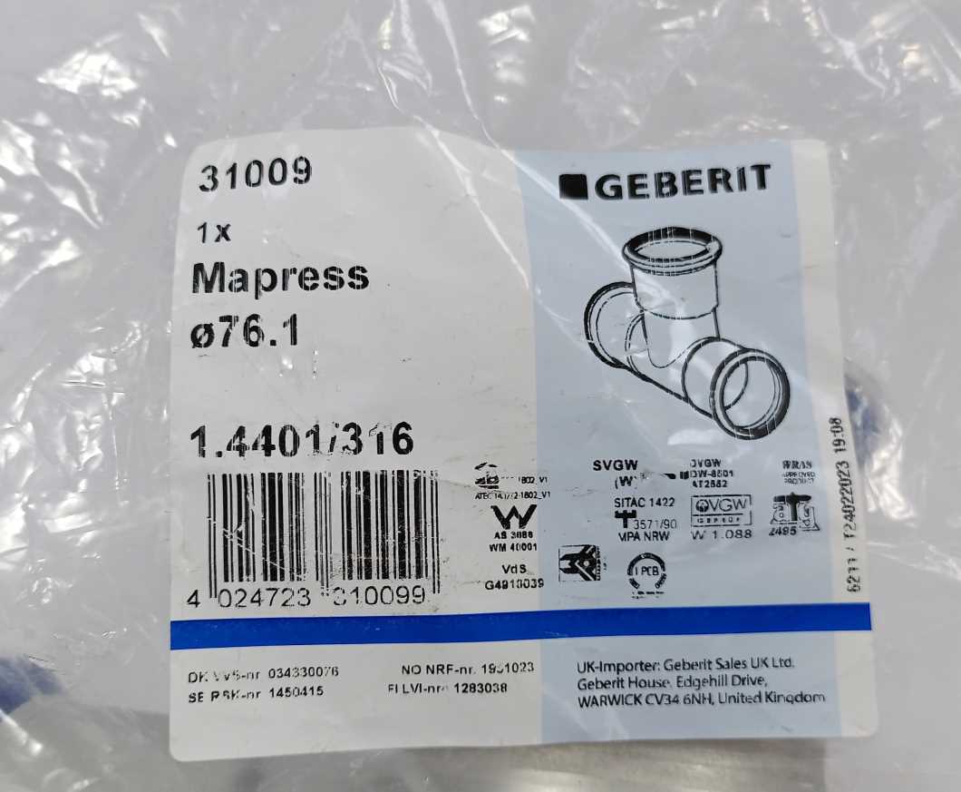 Geberit 31009 Mapress Stainless Steel T-piece rf 76,1 mm mapress