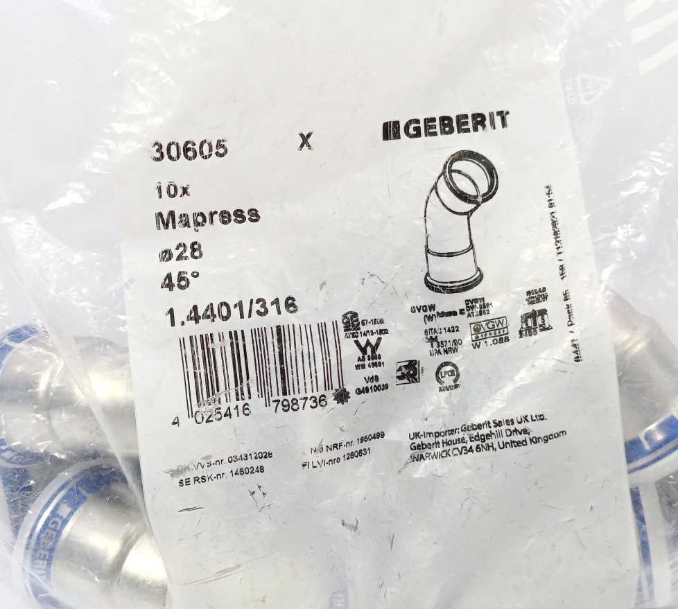 Geberit 30605 10 pcs. Mapress stainless steel bend 45° - Ø 28 mm 10 Pcs.