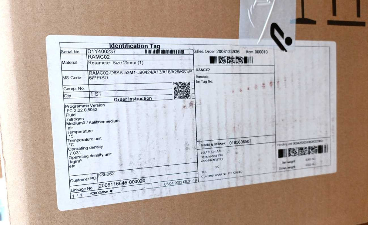 Yokogawa RAMC02-D6SS-53M1-J90424/A13/A16/A26/KS1 RAMC Variable Area Flow Meter