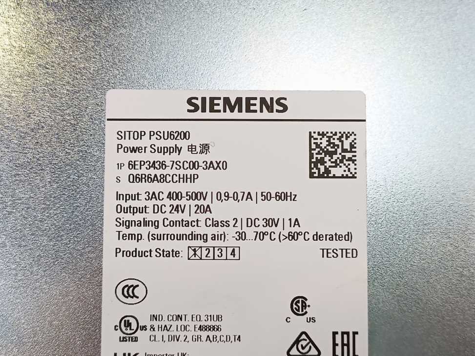 Siemens 6EP3436-7SC00-3AX0 SITOP PSU6200 Ex 24 V/20 A Power Supply