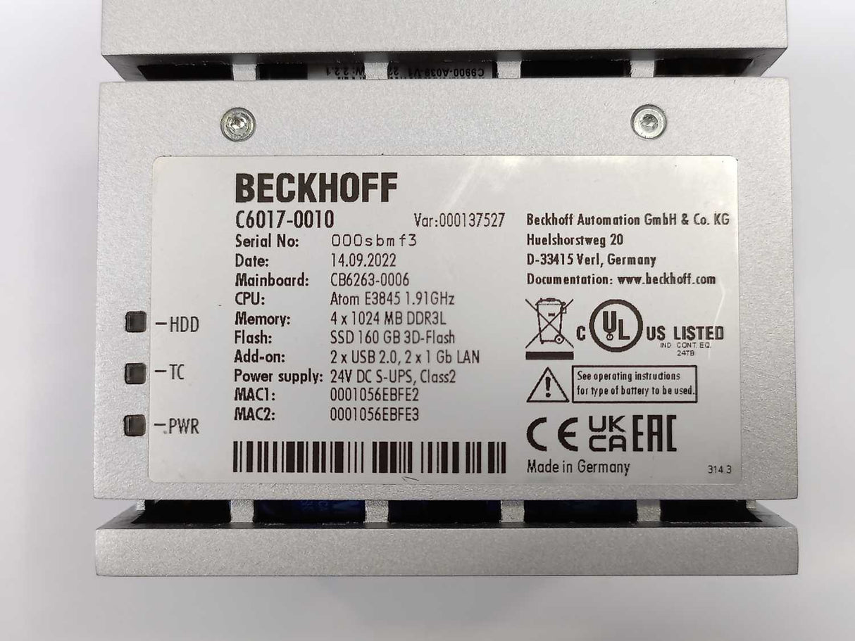 Beckhoff C6017-0010 Ultra-compact Industrial PC serial: 000sbmf3