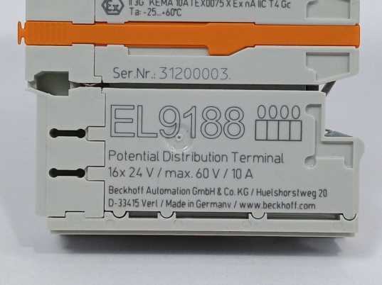 Beckhoff EL9188 Potential Distribution Terminal, 16x24V / max 60V. 10A